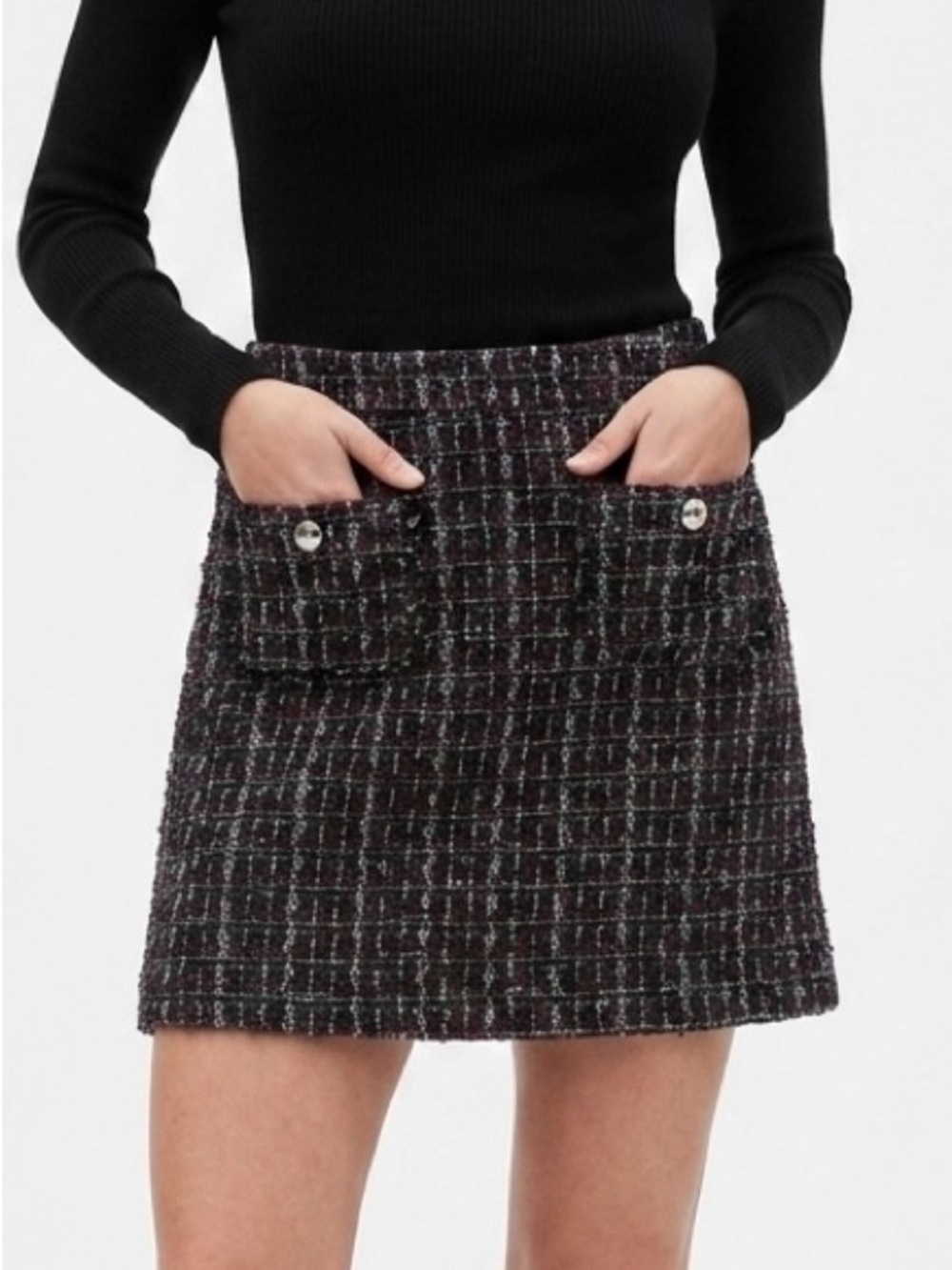 LOFT Boucle Tweed Pocket Shift Mini Skirt Classic Plum Purple Plaid Preppy 8P